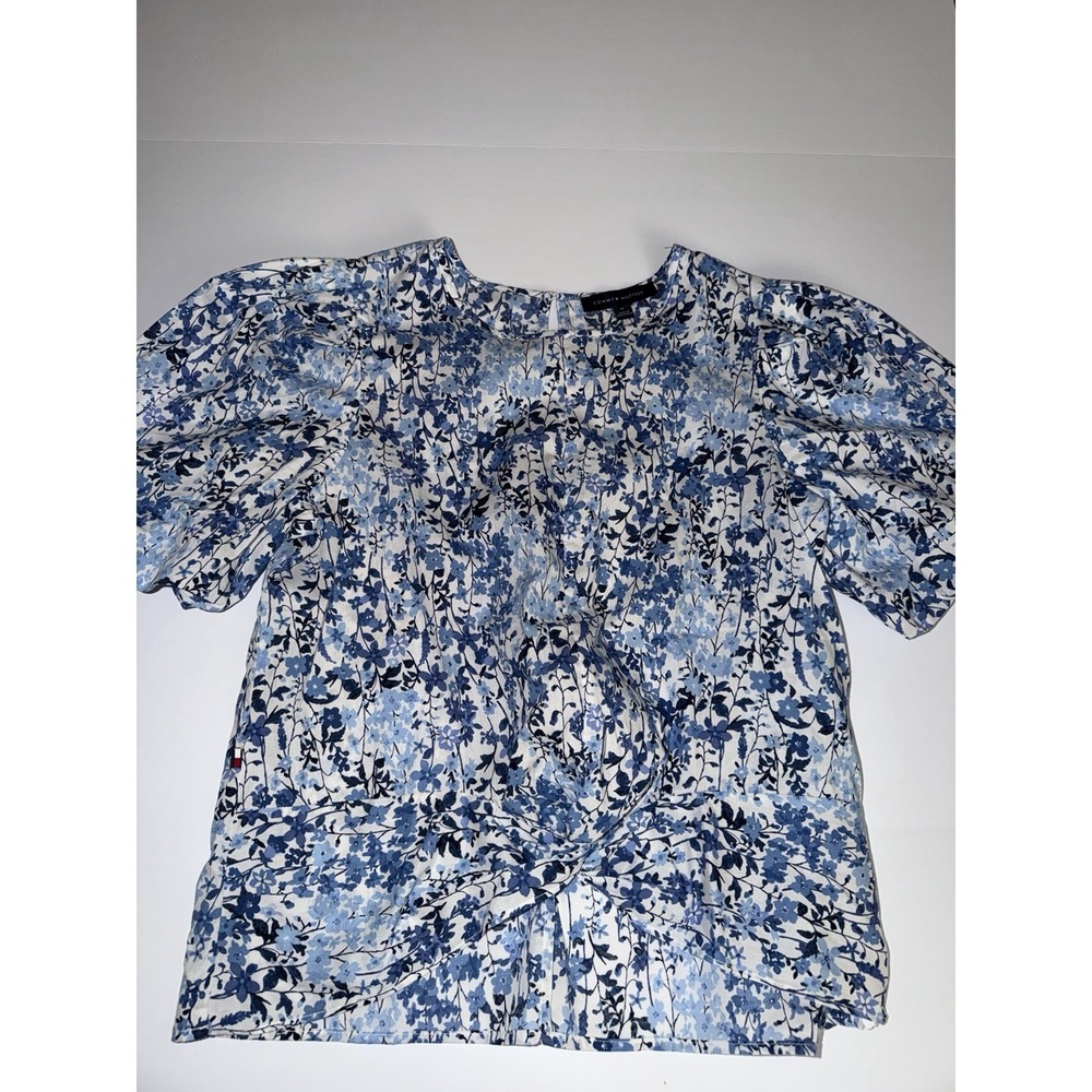 Tommy Hilfiger Women Medium Floral Blouse Blue White Cotton Top Flower Stem NWT